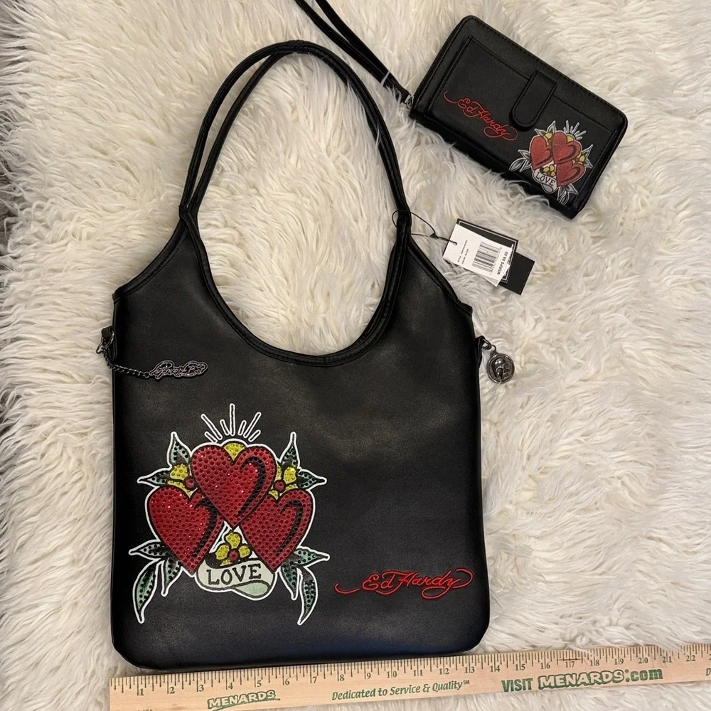 NWT Ed Hardy Black Shoulder Bag and Wallet with Red Heart Motif